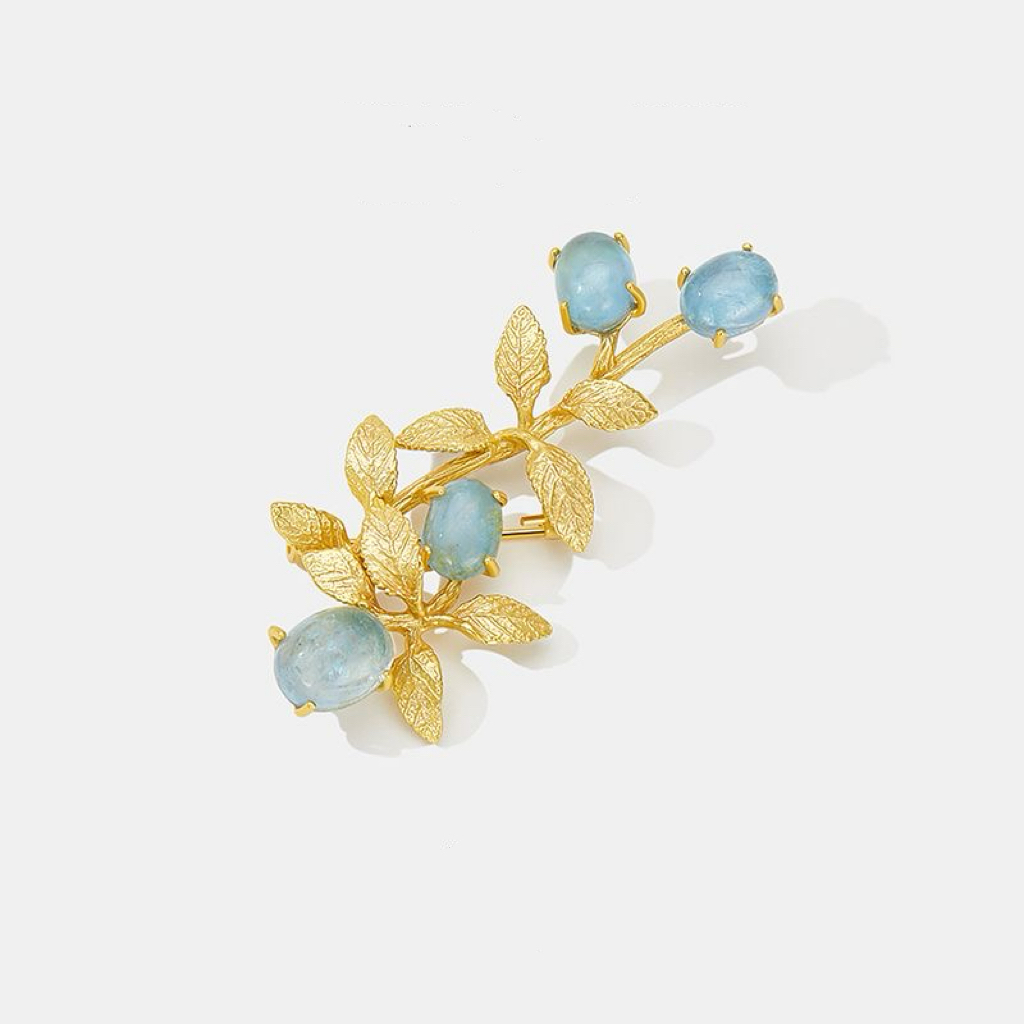 A04-16/Artistic Gold Foliage Light Blue Gem Brooch