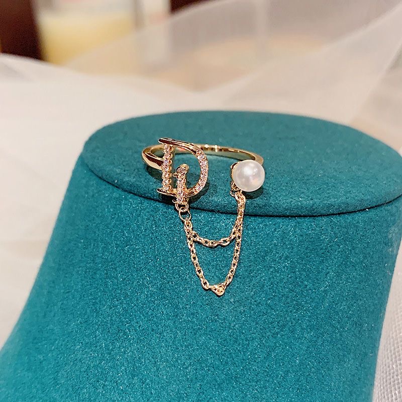 1.2ring<$3series02Letter āDā Pearl Chain Ring - Chic Gold - Plated Jewelry