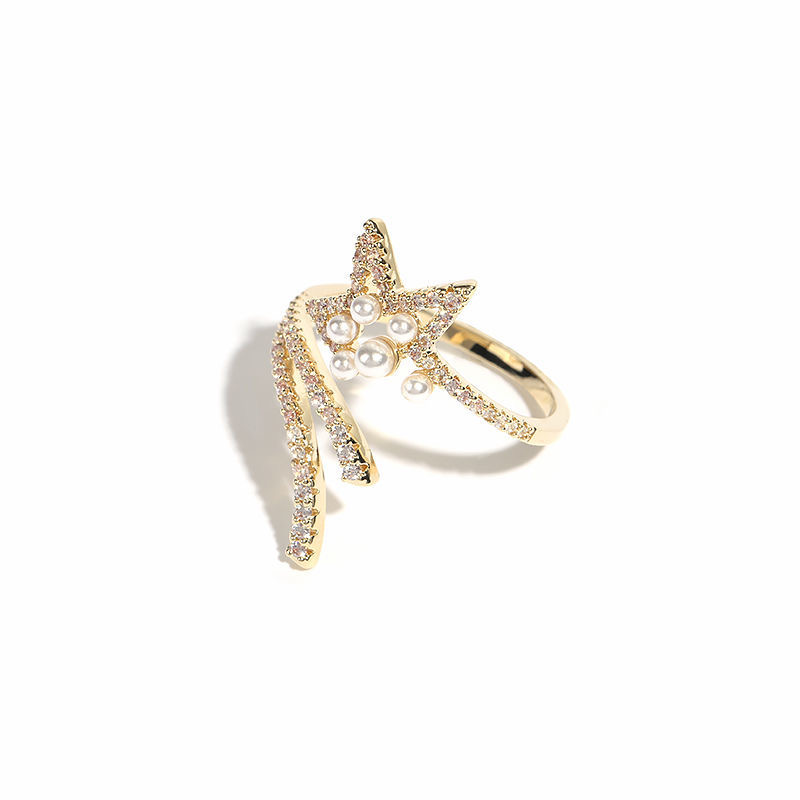 1.2ring<$3series09Gold - Toned Star & Pearl Ring with Rhinestones