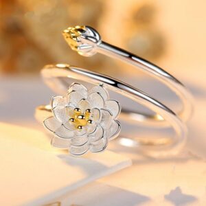 1.2ring<$3series19Elegant Silver Lotus Ring with Gold Accents - Adjustable Floral Jewelry