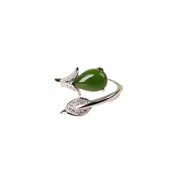 1.2ring<$3series20Elegant Silver - Plated Ring with Green Jade & Diamond - Encrusted Leaves