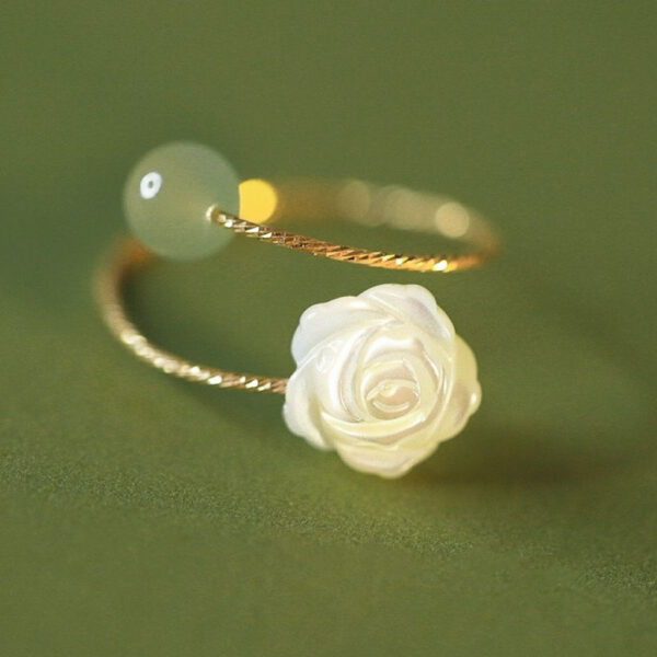1.2ring<$3series22Delicate Gold - Banded Ring with White Shell Rose & Jade Bead