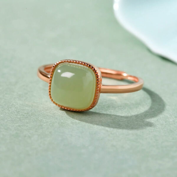 1.2ring<$3series23Elegant Rose Gold Ring with Cushion - Cut Green Jade