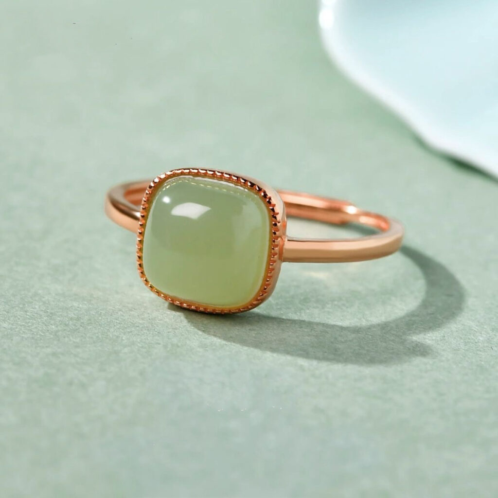 1.2ring<$3series23Elegant Rose Gold Ring with Cushion - Cut Green Jade