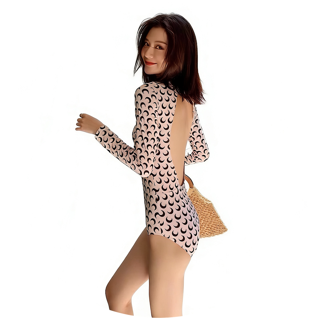 B03-01/Sexy Backless Long – Sleeve One – Piece Swimsuit with Moon Print - Image 1
