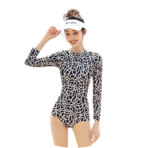 B03-02/Women's Long - Sleeve One - Piece Swimsuit: Sexy Open - Back, Conservative Style for Small Bust, Trendy Surfing Swimwear