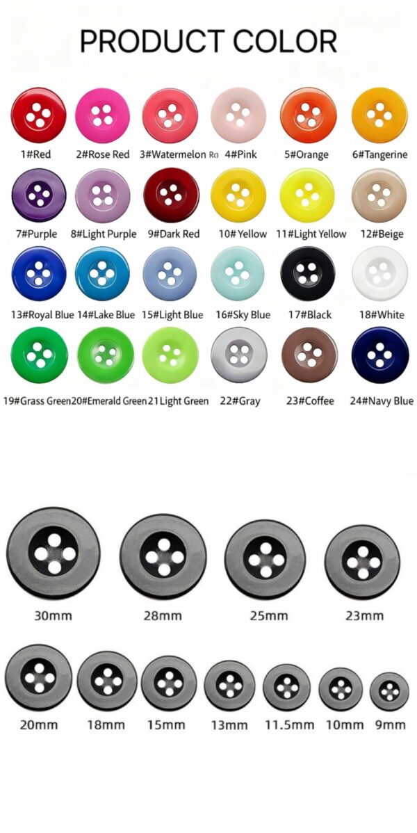 C06-01/Colorful Resin Garment Buttons (10pcs/Pack), 24 Colors, Sizes 9mm - 30mm