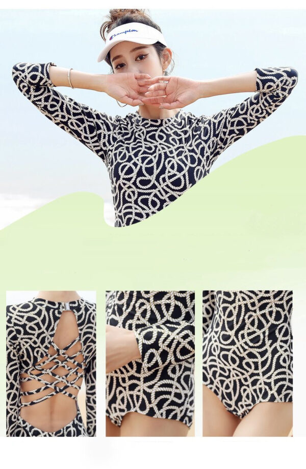 B03-02/Women's Long - Sleeve One - Piece Swimsuit: Sexy Open - Back, Conservative Style for Small Bust, Trendy Surfing Swimwear