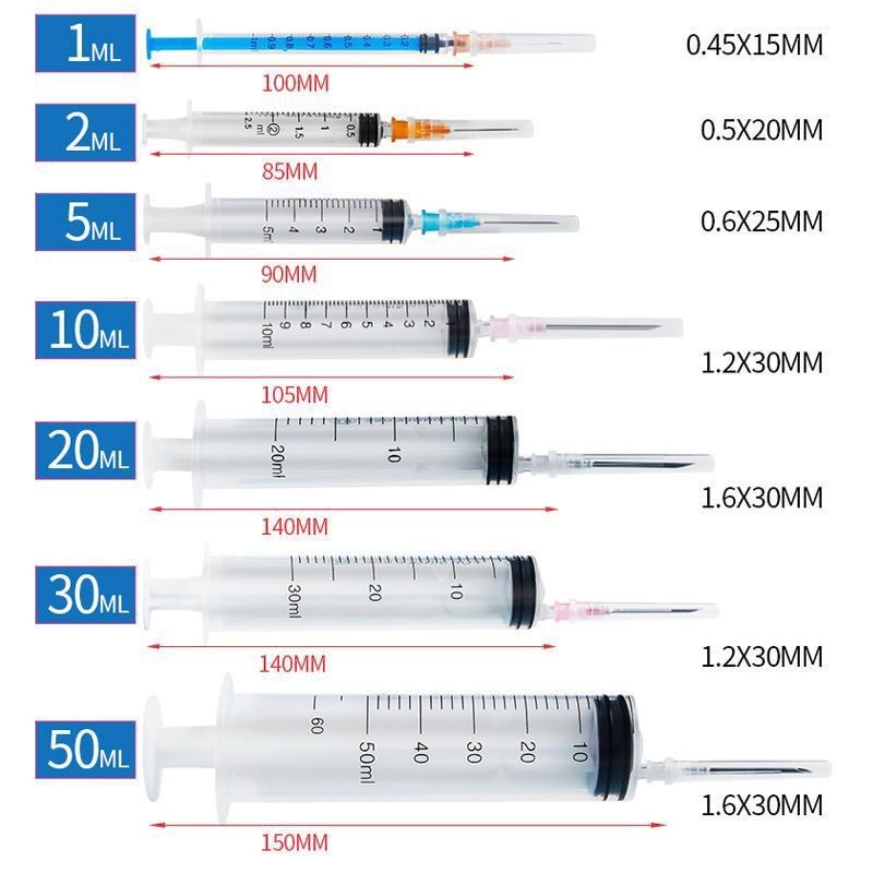 E02-01/Disposable Medical Syringe with Needle (10 Pcs per Pack) - Multiple Sizes (1ml/2ml/5ml/10ml/20ml/30ml/50ml) for Clinic, Hospital Drug Preparation Use