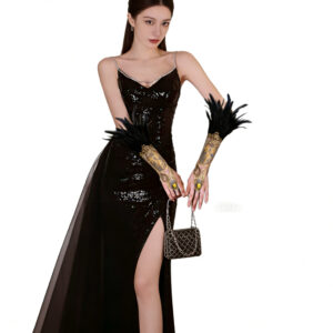 B05.1-06/Gothic Punk Feather Lace Arm Cuff Gloves – Black Feather Gold Lace Wrist Accessory for Halloween Party Performance