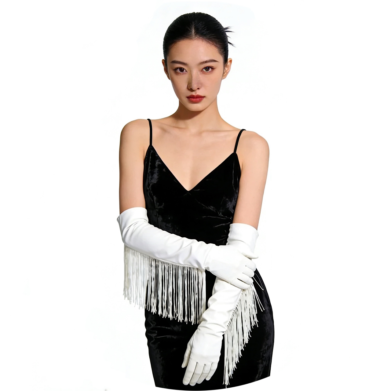 B05.1-01/New Tassel Long Gloves for Performance - Latin Dance Gloves, Satin Bridal Gloves for Shows - Image 1