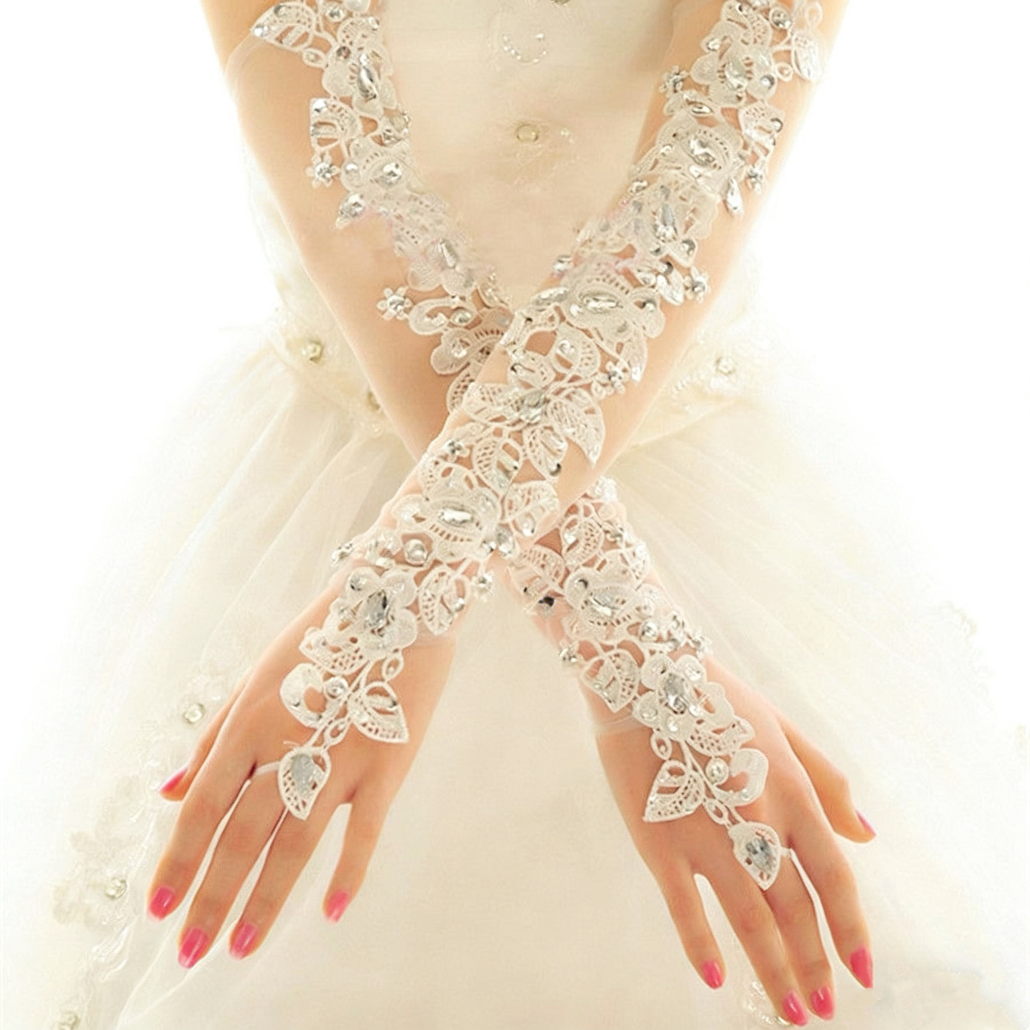 B05.2-02/Lace Bridal Gloves with Rhinestones Long Wedding Gloves for Bridal Gown - Image 1