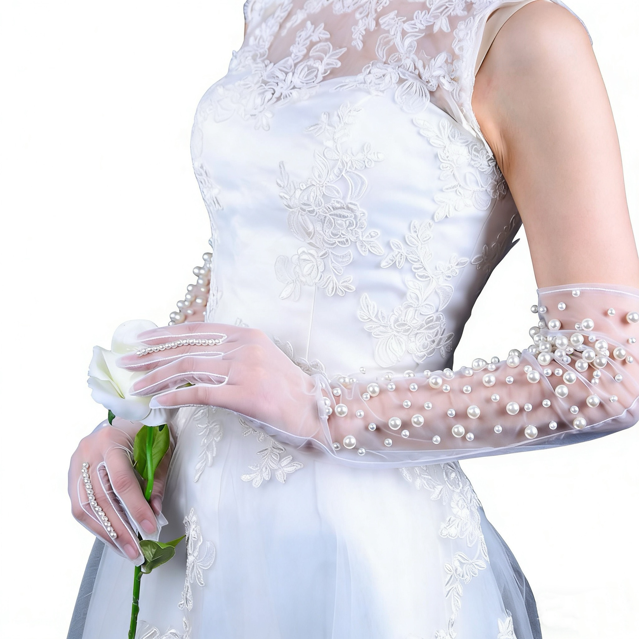B05.2-03/Bridal White Long Handmade Pearl-embellished Sheer Gloves for Wedding Photography and Travel Shooting - Image 1