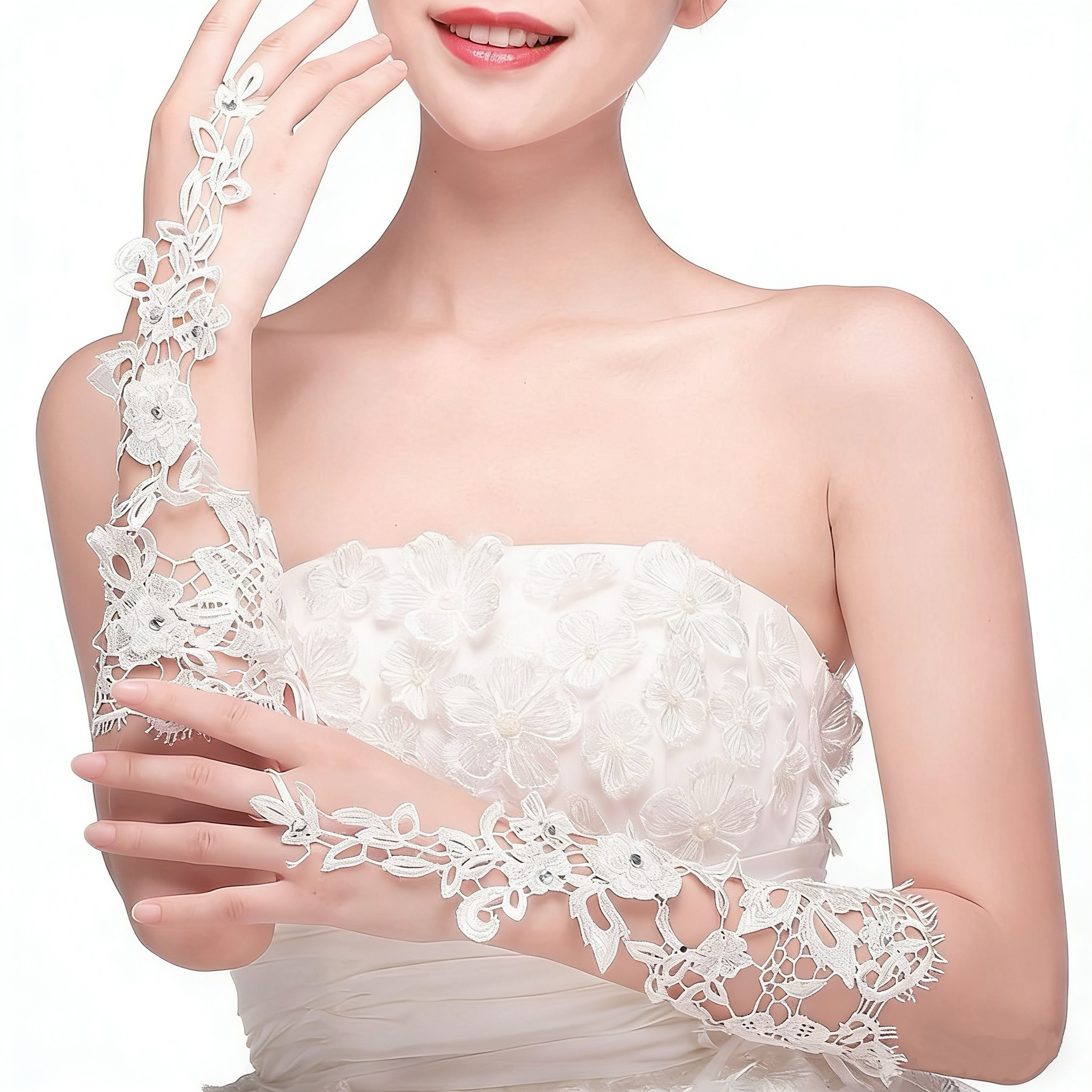 B05.2-04/Bridal White Water-Soluble Lace Long Finger-Hook Formal Gloves - Image 1