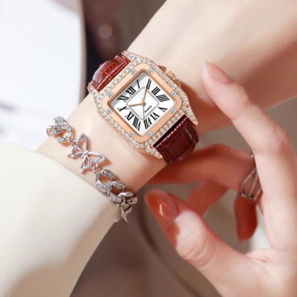 A07-01/Women's Square Luxury Quartz Watch with Rhinestone Bezel, Brown Leather Strap, Fashionable Minimalist Elegant Dress Watch for Women
