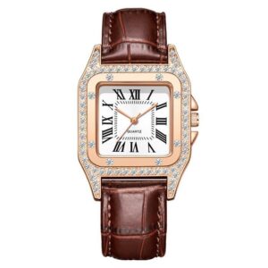 A07-01/Women's Square Luxury Quartz Watch with Rhinestone Bezel, Brown Leather Strap, Fashionable Minimalist Elegant Dress Watch for Women
