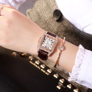 A07-01/Women's Square Luxury Quartz Watch with Rhinestone Bezel, Brown Leather Strap, Fashionable Minimalist Elegant Dress Watch for Women - Image 3