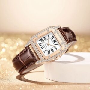 A07-01/Women's Square Luxury Quartz Watch with Rhinestone Bezel, Brown Leather Strap, Fashionable Minimalist Elegant Dress Watch for Women - Image 4