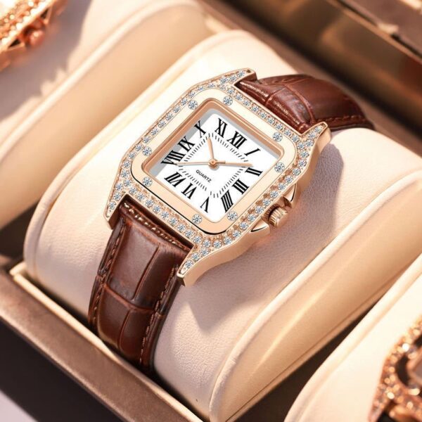 A07-01/Women's Square Luxury Quartz Watch with Rhinestone Bezel, Brown Leather Strap, Fashionable Minimalist Elegant Dress Watch for Women