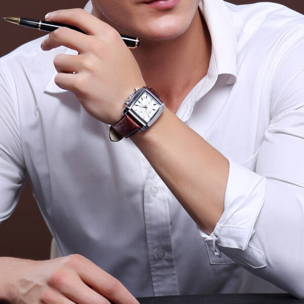 A07-02/Men's Square Multifunctional Quartz Watch with Brown Leather Strap, Chronograph, Date, Luminous Hands, 3ATM Water Resistant Fashion Watch for Men