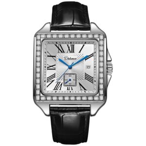 A07-03/Square Mechanical Watch with Roman Numerals, Diamond-Encrusted Bezel and Black Leather Strap
