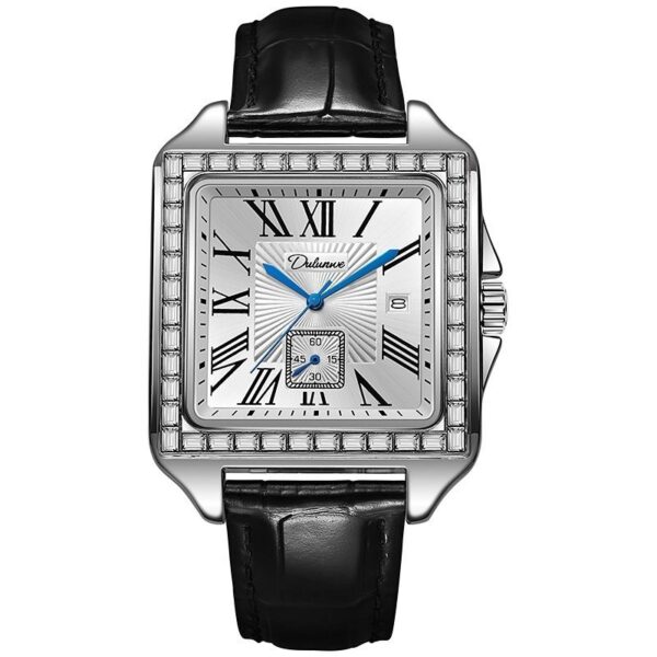 A07-03/Square Mechanical Watch with Roman Numerals, Diamond-Encrusted Bezel and Black Leather Strap