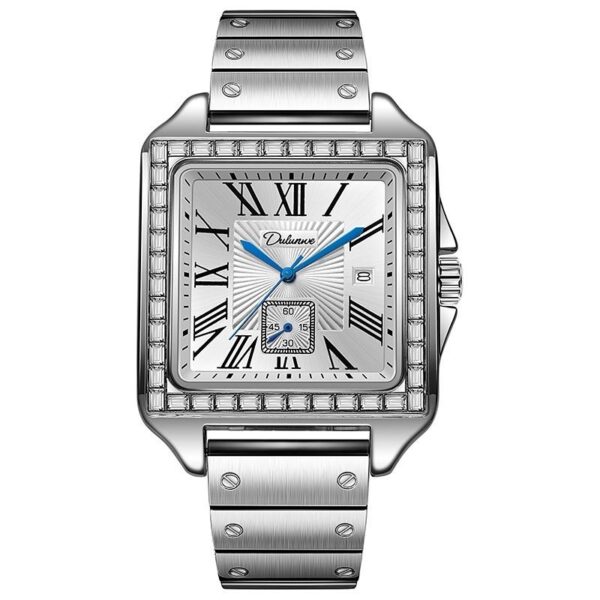 A07-03/Square Mechanical Watch with Roman Numerals, Diamond-Encrusted Bezel and Black Leather Strap
