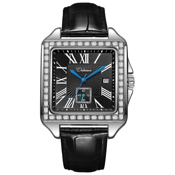 A07-03/Square Mechanical Watch with Roman Numerals, Diamond-Encrusted Bezel and Black Leather Strap