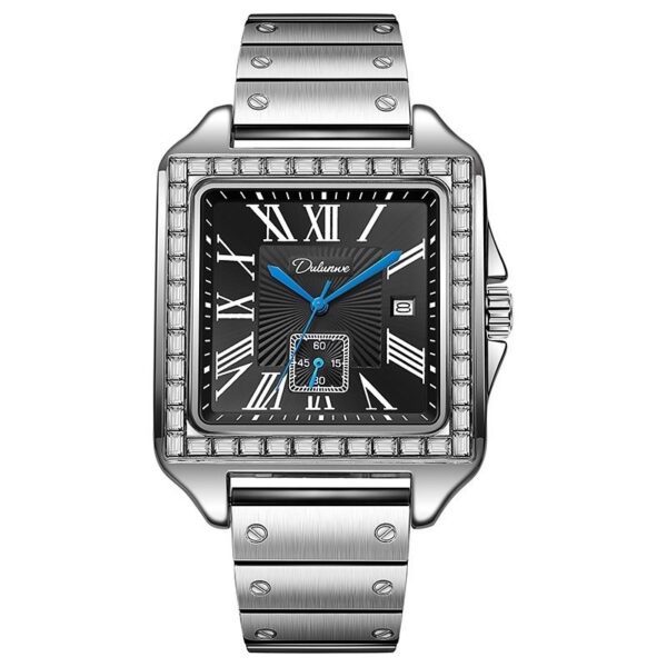 A07-03/Square Mechanical Watch with Roman Numerals, Diamond-Encrusted Bezel and Black Leather Strap