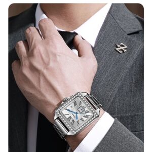 A07-03/Square Mechanical Watch with Roman Numerals, Diamond-Encrusted Bezel and Black Leather Strap - Image 6