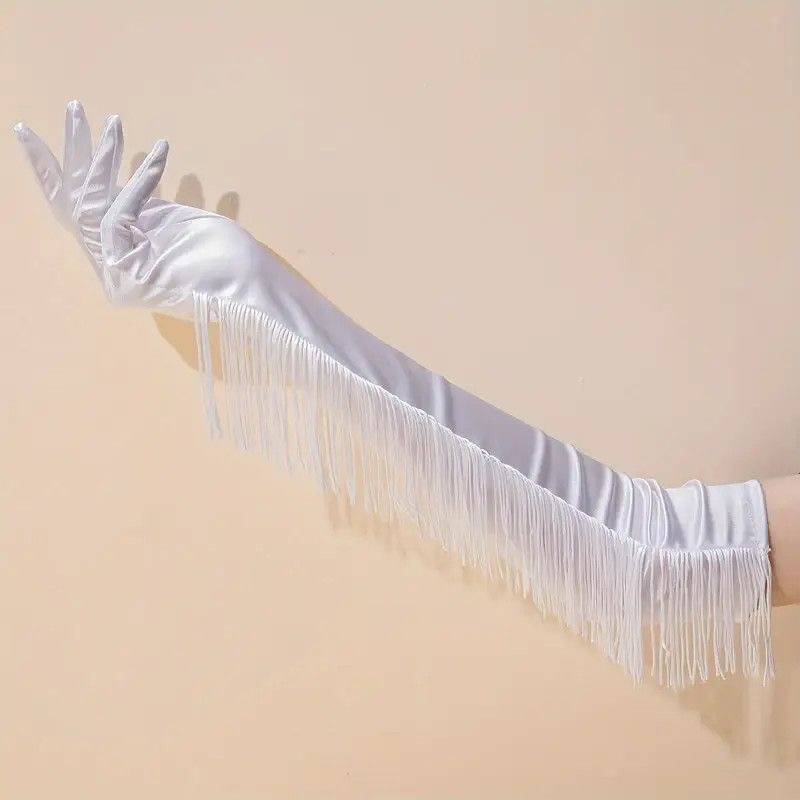 B05.1-01/New Tassel Long Gloves for Performance - Latin Dance Gloves, Satin Bridal Gloves for Shows - Image 5
