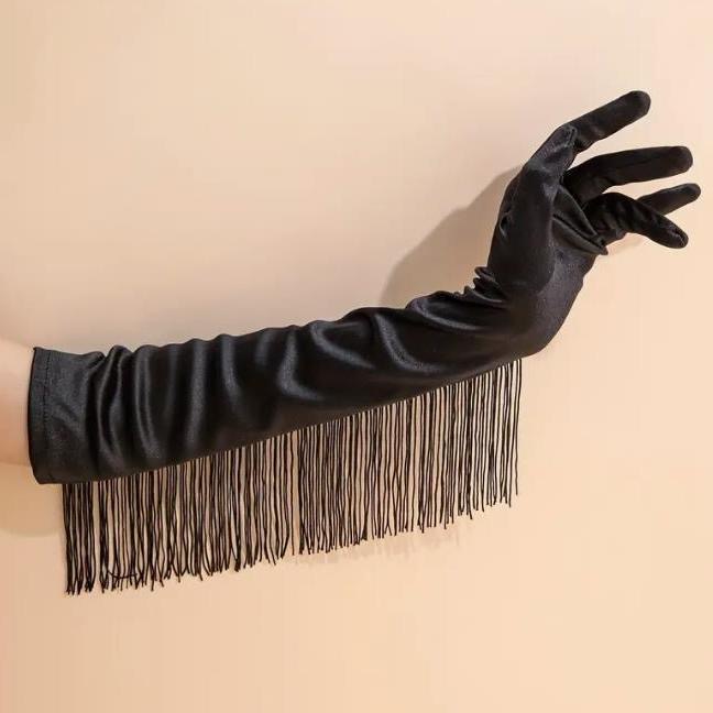 B05.1-01/New Tassel Long Gloves for Performance - Latin Dance Gloves, Satin Bridal Gloves for Shows - Image 3