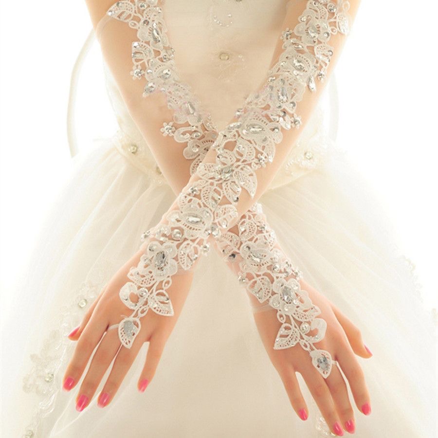 B05.2-02/Lace Bridal Gloves with Rhinestones Long Wedding Gloves for Bridal Gown - Image 2