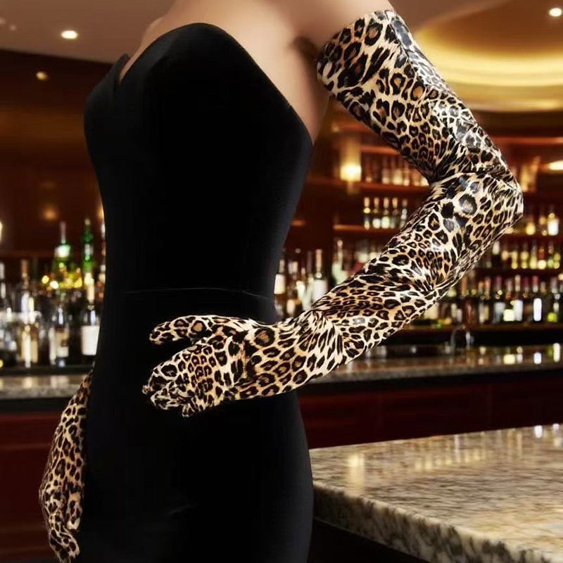 B05.1-04/Long Leopard Print Patent Leather Gloves - Retro Performance, Photography, Studio Cosplay Accessories
