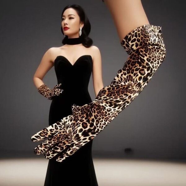B05.1-04/Long Leopard Print Patent Leather Gloves - Retro Performance, Photography, Studio Cosplay Accessories