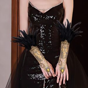 B05.1-06/Gothic Punk Feather Lace Arm Cuff Gloves – Black Feather Gold Lace Wrist Accessory for Halloween Party Performance