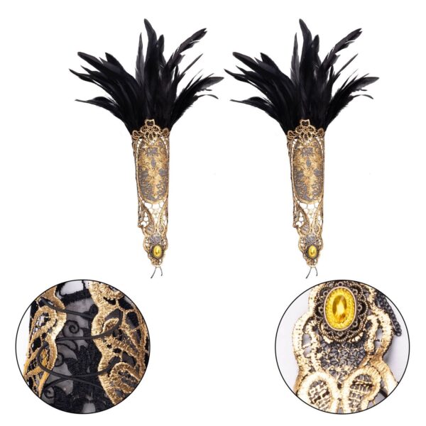B05.1-06/Gothic Punk Feather Lace Arm Cuff Gloves – Black Feather Gold Lace Wrist Accessory for Halloween Party Performance