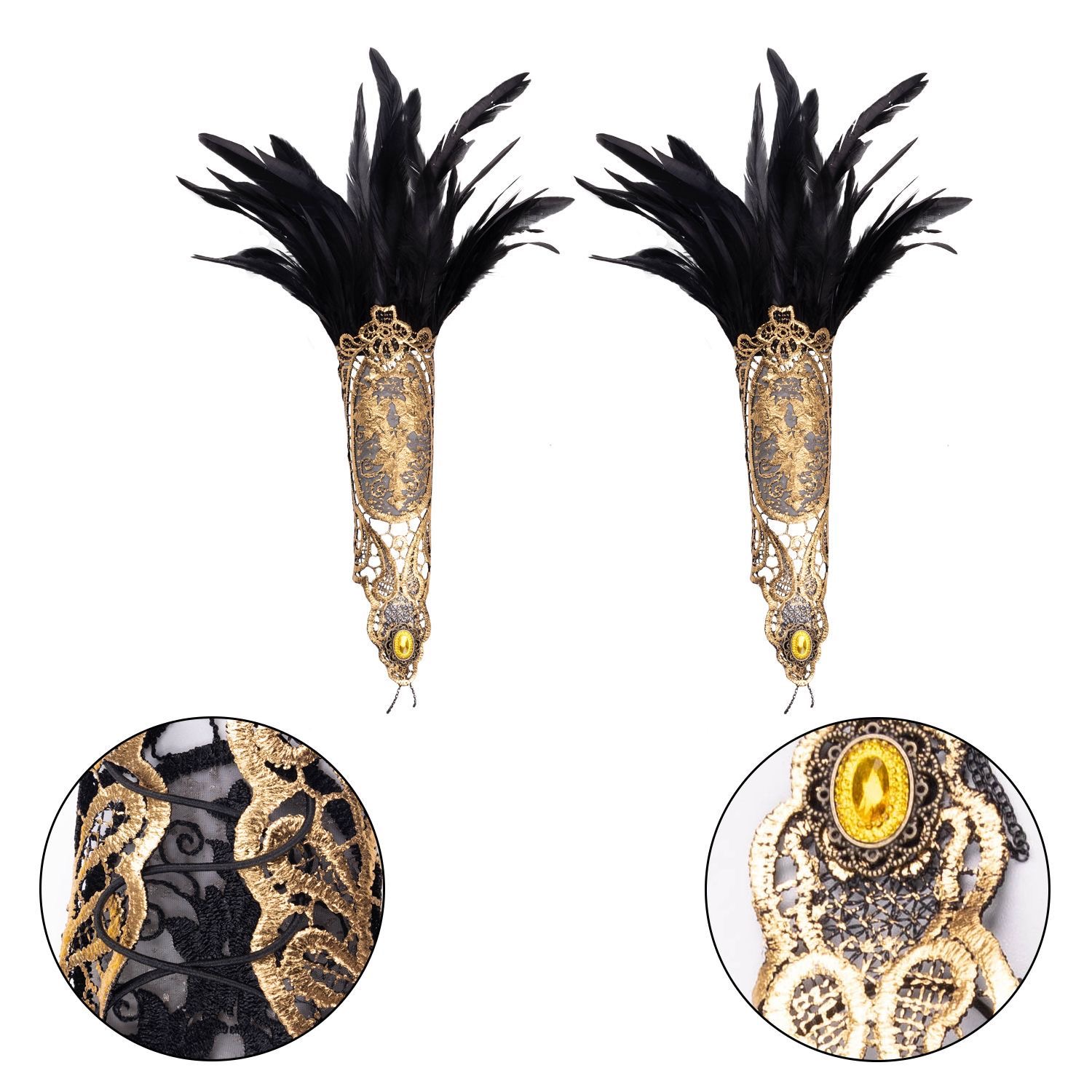 B05.1-06/Gothic Punk Feather Lace Arm Cuff Gloves – Black Feather Gold Lace Wrist Accessory for Halloween Party Performance - Image 4