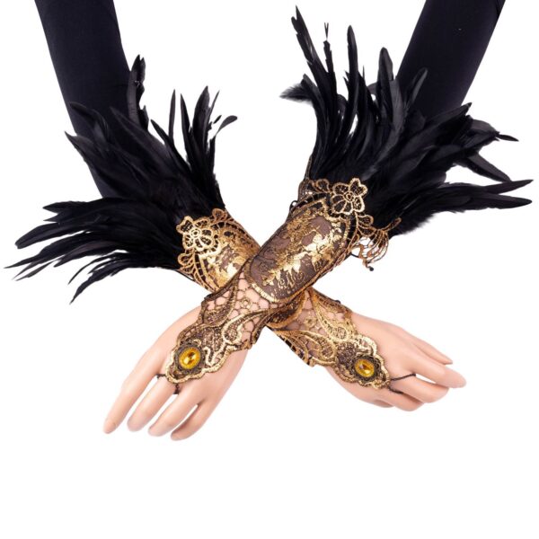 B05.1-06/Gothic Punk Feather Lace Arm Cuff Gloves – Black Feather Gold Lace Wrist Accessory for Halloween Party Performance
