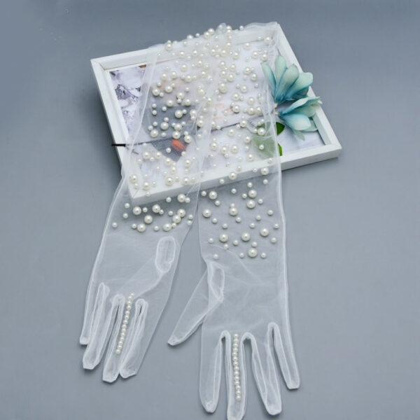 B05.2-03/Bridal White Long Handmade Pearl-embellished Sheer Gloves for Wedding Photography and Travel Shooting