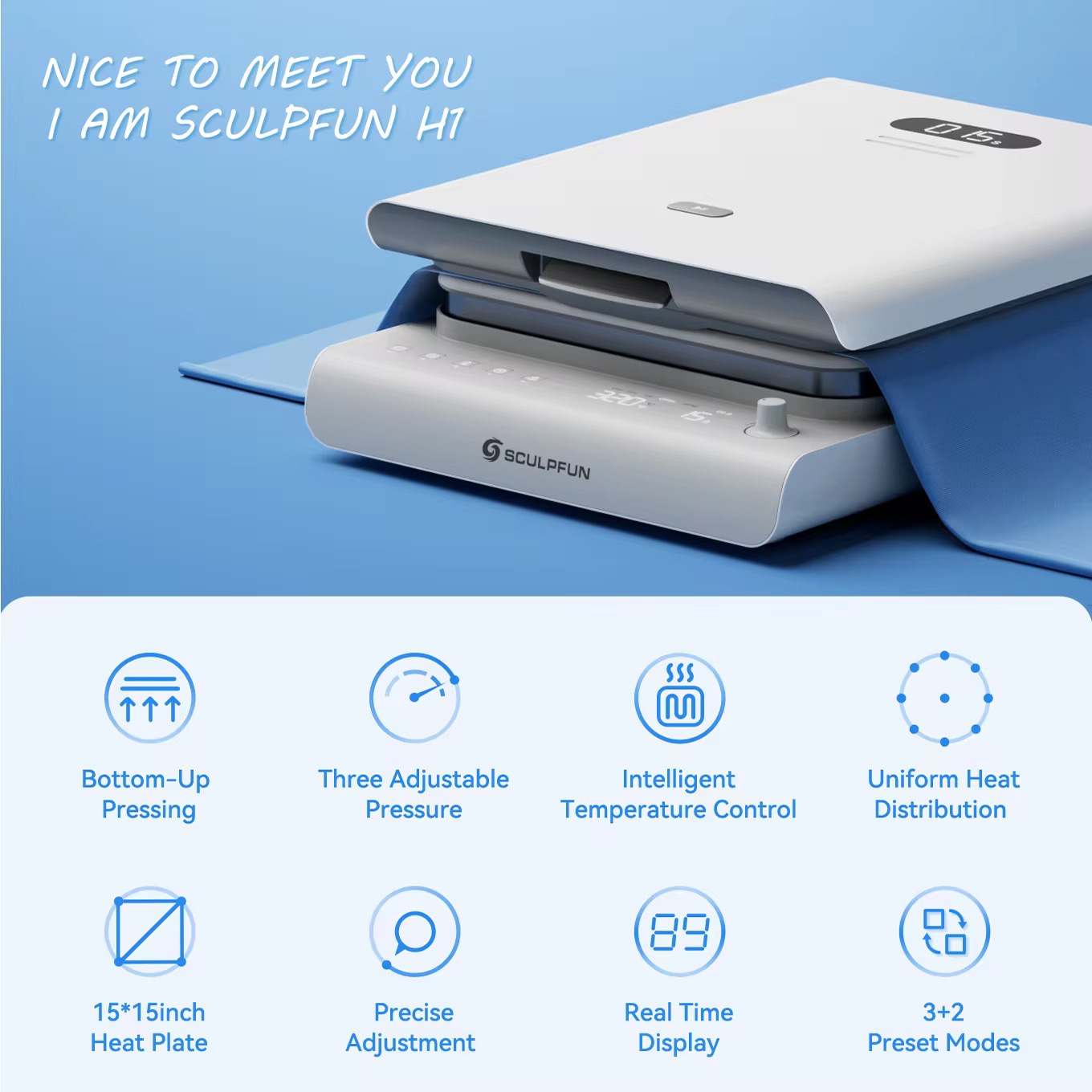 H3.4-01/15x15 Heat Press Machine for T-Shirts - 1200W Fast Heating Sublimation Printer with Accurate Temperature Control & Easy-to-Use UI - Image 6