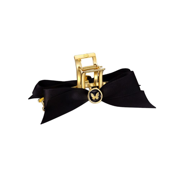 A06.1-03/Black Satin Bow Claw Clip with Butterfly Emblem - Large Size for Thick Hair