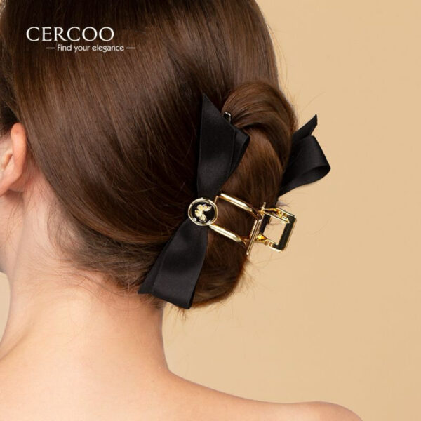 A06.1-03/Black Satin Bow Claw Clip with Butterfly Emblem - Large Size for Thick Hair