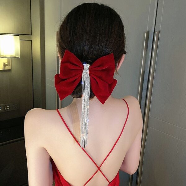 A06.1-06/Red Bow Hair Clip with Rhinestone Tassel for Bridal & Daily Hairstyling