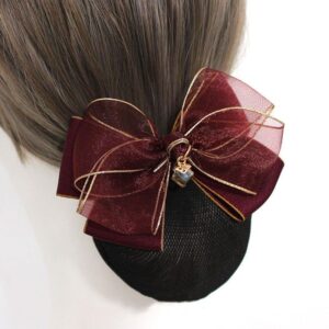 A06.2-01/Korean Style Bow Hair Net - Luxury Gold Trim Mesh Bun Cover for Professional Women - Image 3