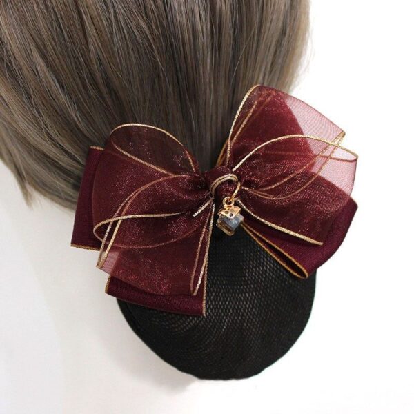 A06.2-01/Korean Style Bow Hair Net - Luxury Gold Trim Mesh Bun Cover for Professional Women