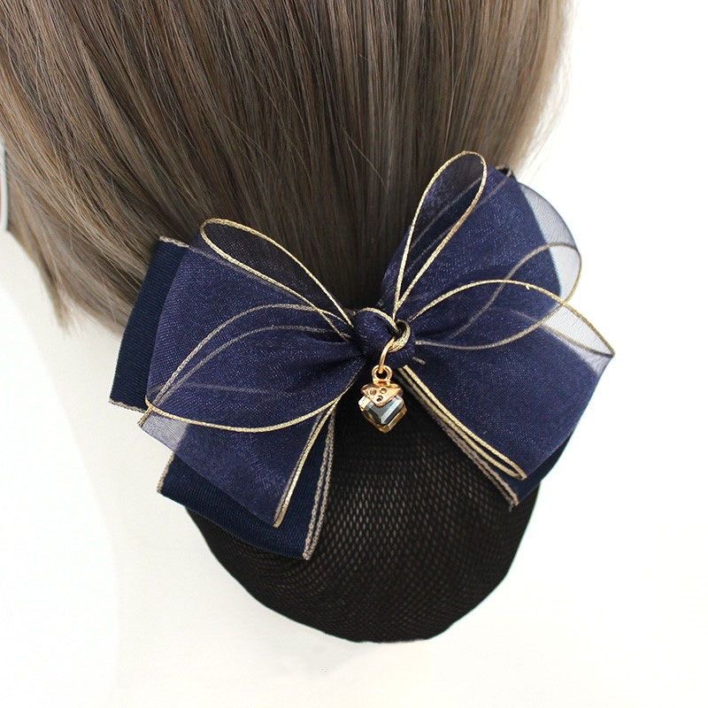 A06.2-01/Korean Style Bow Hair Net - Luxury Gold Trim Mesh Bun Cover for Professional Women - Image 4