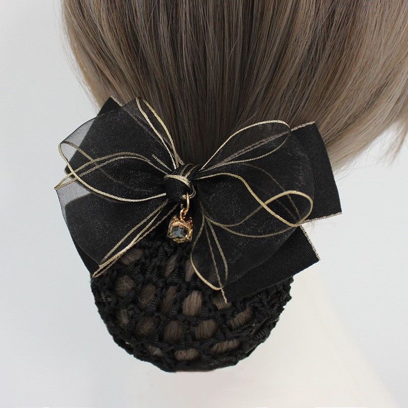 A06.2-01/Korean Style Bow Hair Net - Luxury Gold Trim Mesh Bun Cover for Professional Women - Image 5