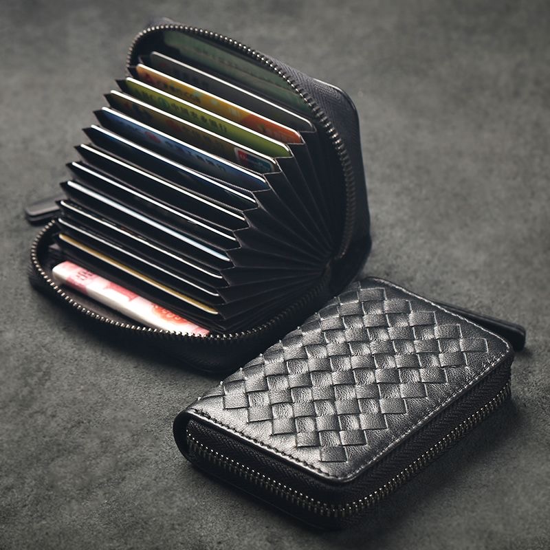 A09.7-01/Sheepskin Woven Card Holder for Men Women Large Capacity Leather Wallet - Image 3