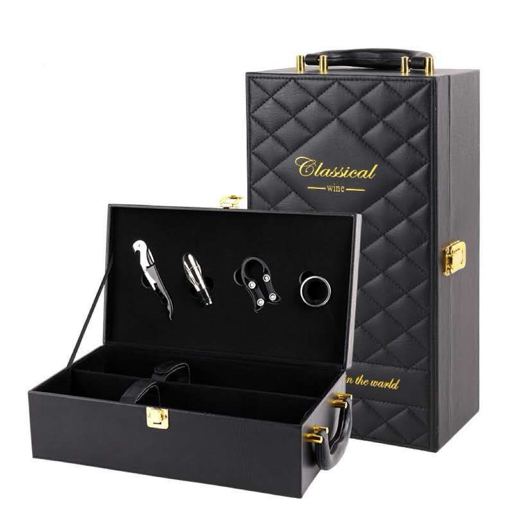 A09.13-01/Luxury PU Leather Wine Gift Box with Diamond Pattern & Wine Accessories Set (Custom Logo) - Image 1